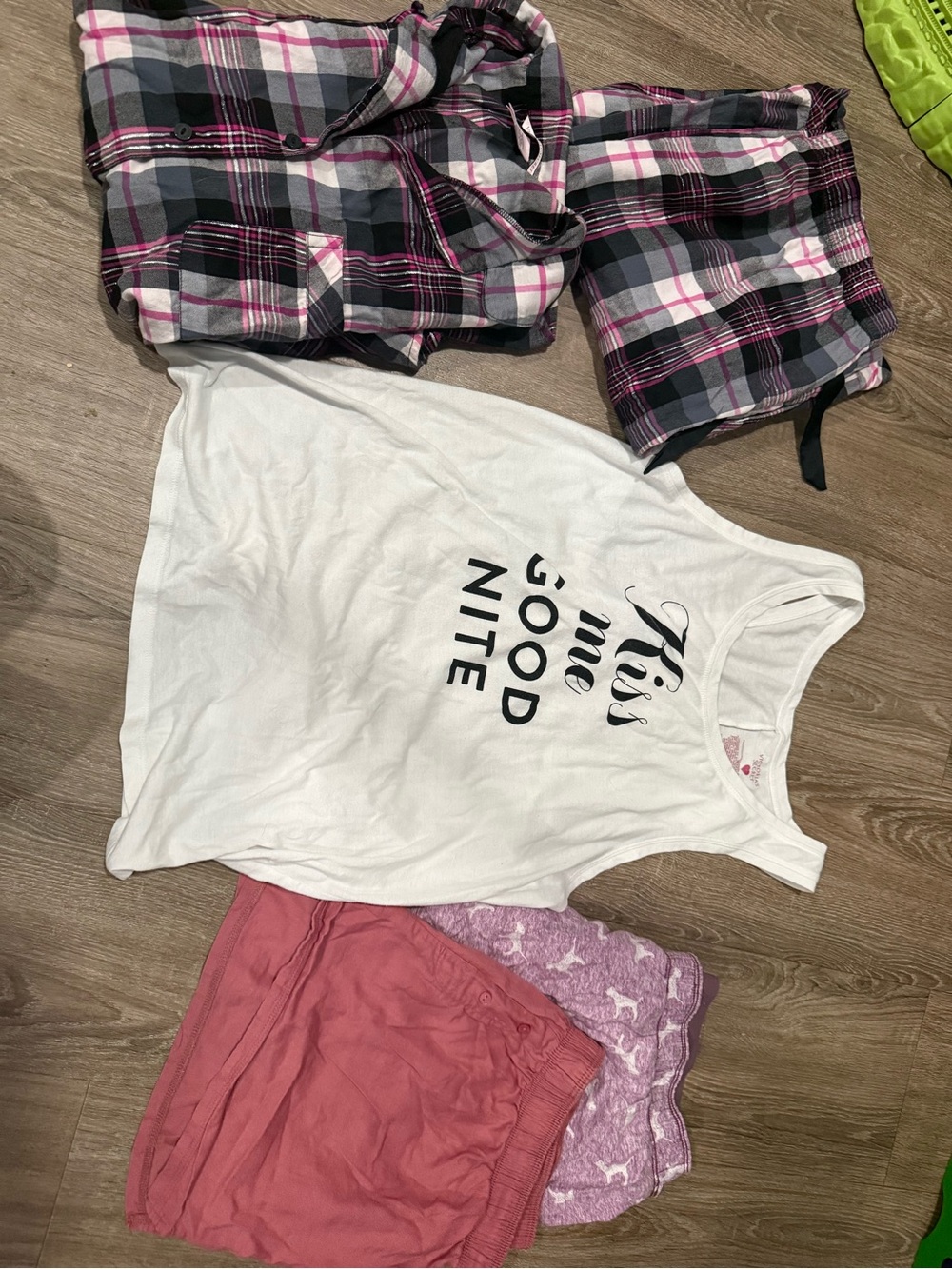 Victoria's Secret White Graphic Tank with Pink & Black Plaid Pajama Set